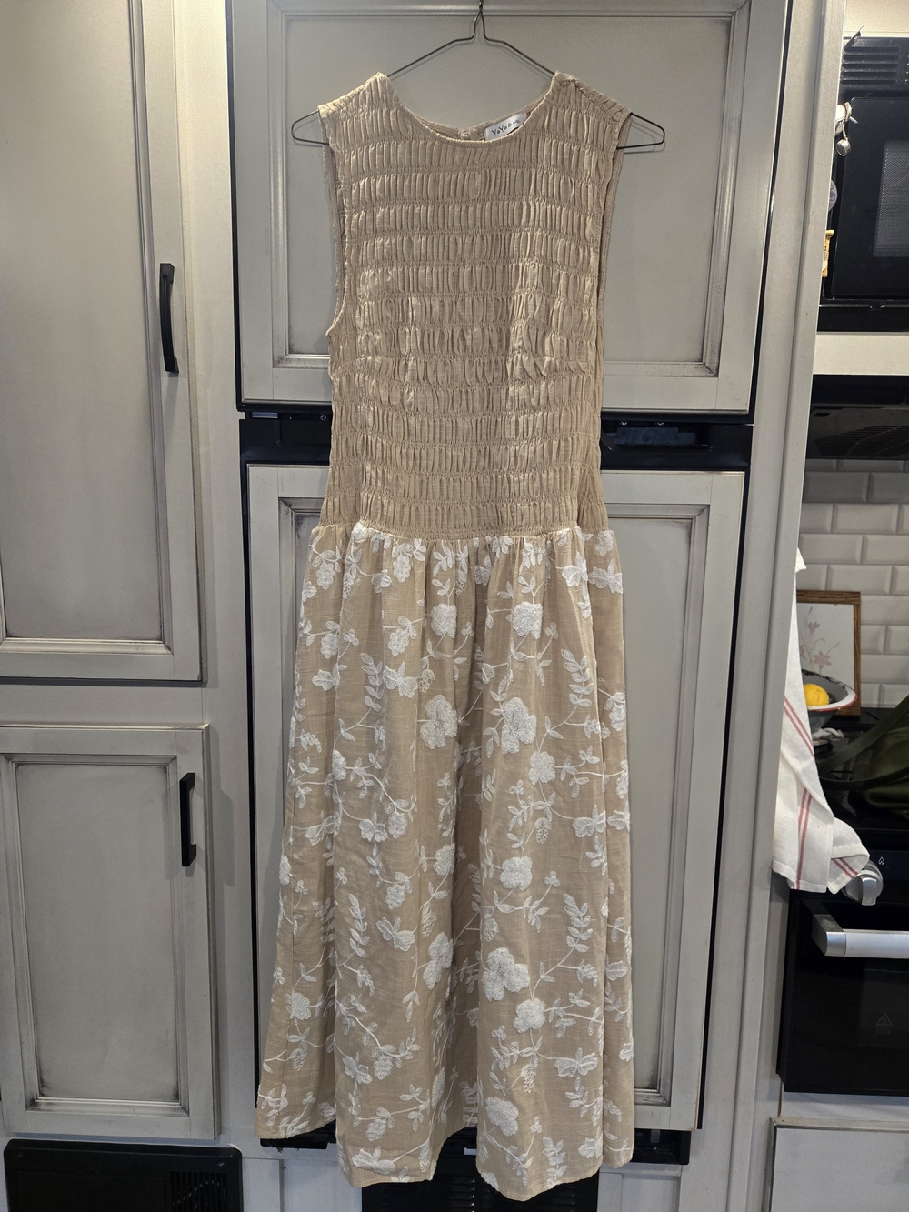 Girls Beige Floral Smocked Bodice Dress